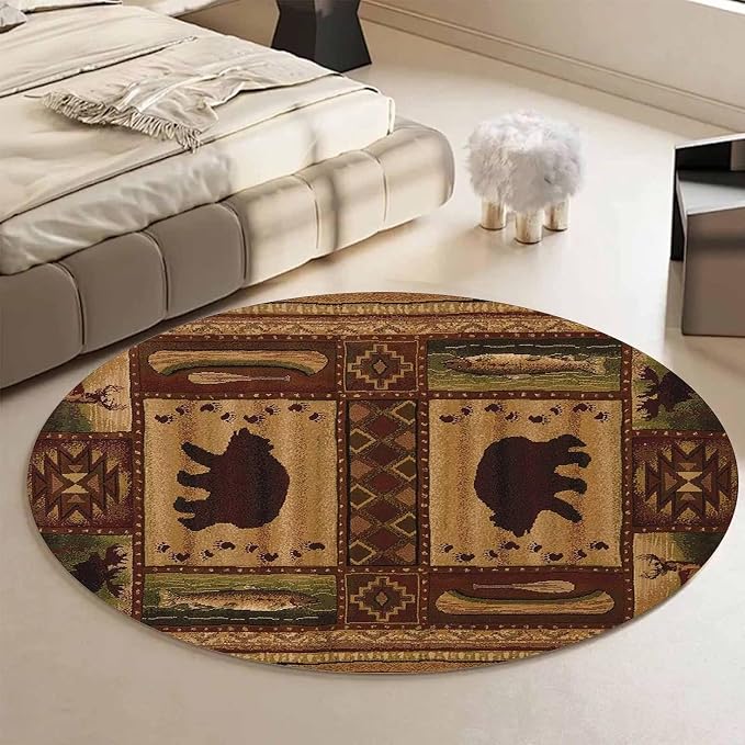 Multicolor Fish Boat Paddle Print Rugs 5'3ft for Living Room Non-Slip Luxury Rustic Lodge Cabin Bear Round Area Rug Carpet Apartment Decor