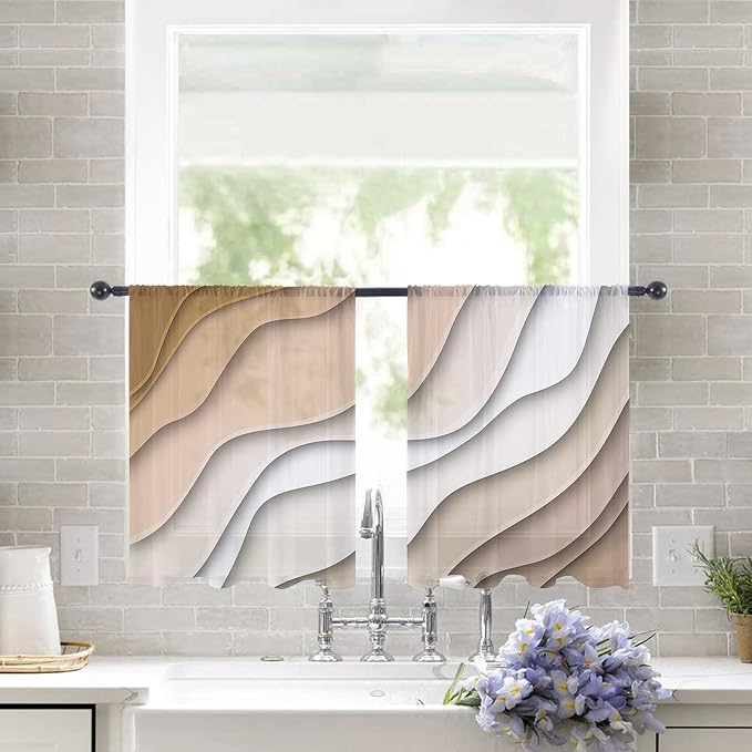 Geometric Sheer Curtain 54 Inch Rod Pocket Ombre Cream Beige Living Room Bedroom Kitchen Cafe Window Curtains & Drapes,Modern Abstract Ocean Beach Seawaves Chiffon Tulle Curtains,Brown White 104"x54"