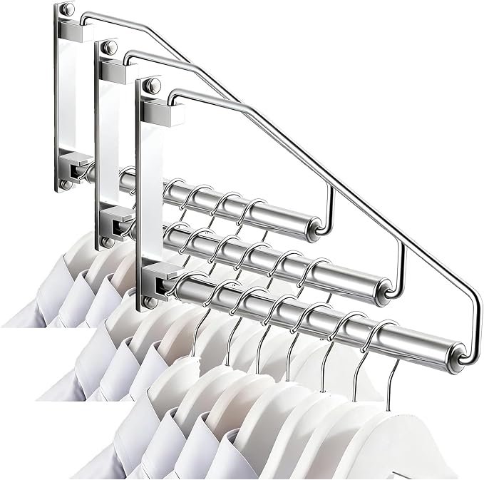 NEWRAIN Laundry Hanger, Wall Mounted Clothes Hanger with Swing Arm Holder Brass Hanging Drying Rack Space Saver,Chrome (Pack of 3)