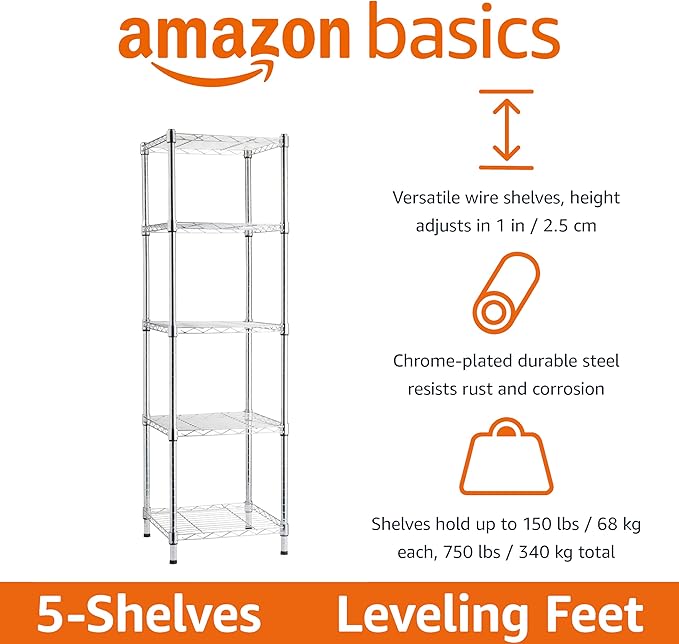 Amazon Basics 5-Shelf Tower Adjustable Storage Shelving Unit, Chrome, 16" x 16" x 54", 150 lbs Per Shelf | Tower