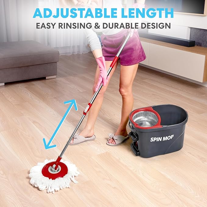 Simpli-Magic 79349 Spin Mop Cleaning System with 3 Microfiber Mop Heads, Red/Black
