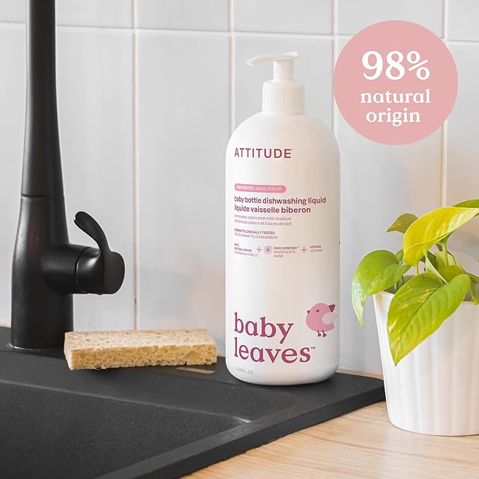 ATTITUDE Baby Bottle & Dish Soap, EWG Verified Bottle Cleaner, Fragrance Free & Dye Free, Removes Milk Residue & Grease, Vegan, Unscented, 33.8 Fl Oz (Pack of 6)