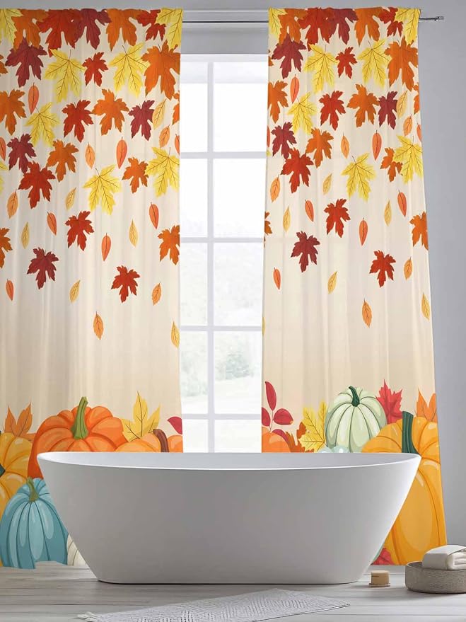 Thanksgiving Fall Chiffon Semi-Sheer Curtain 108 Inch,Autumn Pumpkins Maple Leaves Rod Pocket Voile Window Curtain Panels,Orange Watercolor Tulle Curtains Drape for Living Room/Sliding Door, 104"x108"