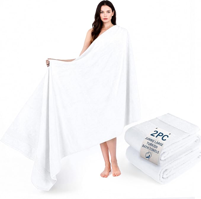 Cotton Paradise 100% Cotton Turkish Towel Set, Soft Absorbent Quick Dry, 2 Piece 35x70 Bath Sheet Set, Snow White