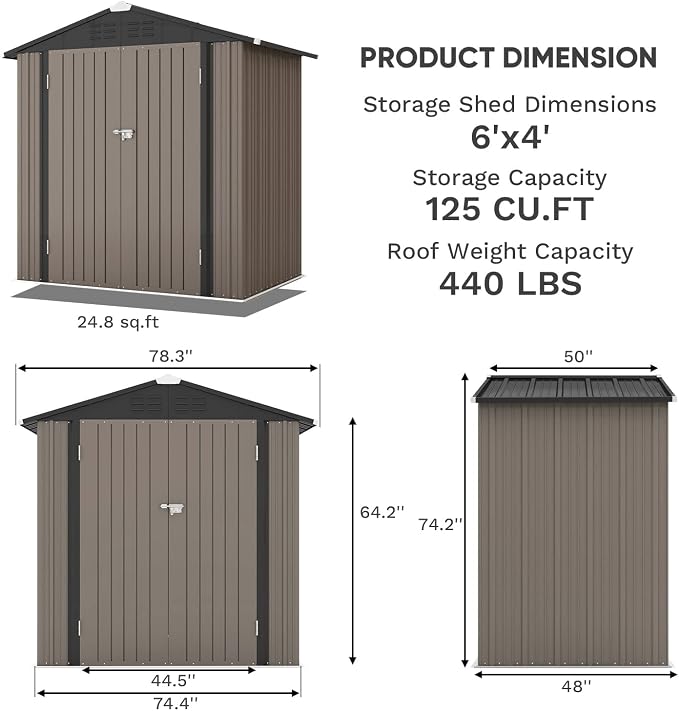Patiowell 6x4 FT Outdoor Storage Shed, Garden Tool Storage Shed | with Sloping Roof and Double Lockable Door, Outdoor Shed for Garden Backyard Patio Lawn, Brown
