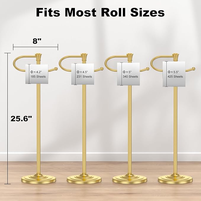 Toilet Paper Holder Free Standing, 25” H Stainless Steel Brass Gold Toilet Paper Stand, Weighted Base Floor Tissue Roll Holder for Bathroom,Toilet Roll Stand