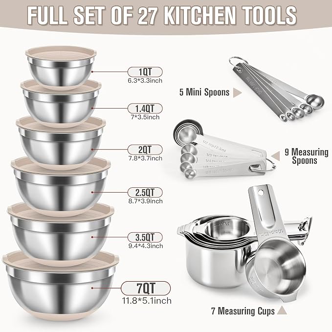 7QT 30PCS Mixing Bowls with Lids Set, 7QT to 1QT Stainless Steel Nesting Bowls with Graters, Non-Slip Silicone Bottom, Large Khaki Bowls & 21 Measuring Cups and Spoons Set Kitchen Appliances