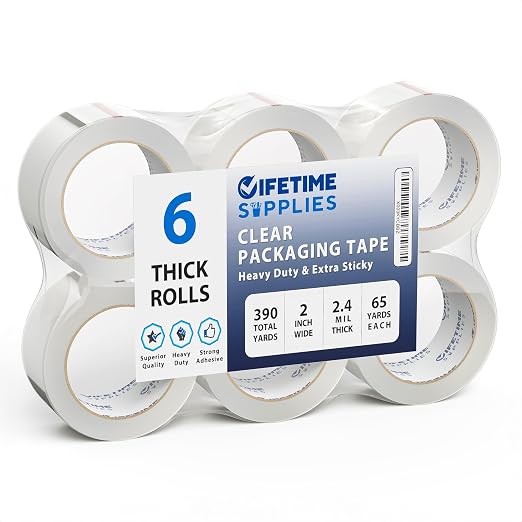Lifetime Supplies 6 Rolls | 2.4 mil Clear | 65 Yards Each (390 Yards Total) | 2" Premium Packing Tape Heavy Duty Packaging Tape for Shipping Moving Stronger Thicker