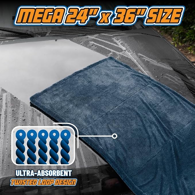 Chemical Guys, Megalodon Twisted Loop Microfiber Drying Towel, 24 x 36 in | Twisted-loop microfiber holds more water than standard towels, ultra-plush and gentle for drying the whole car