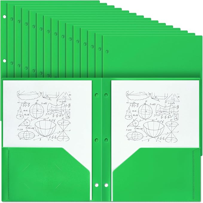 Yeaqee 50 Pcs Plastic Folders with Pockets Bulk 3 Hole Punched 2 Pocket File Folders for 3 Ring Binder Divider Folder for Notebooks, Durable Poly for Office Home (Green)
