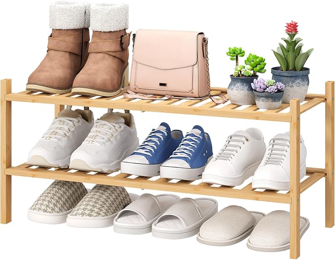 viewcare 2-Tier Bamboo Shoe Rack for Entryway, Bamboo Wood Shoe Organizer for Hallway Closet, Free Standing Shoe Racks for Indoor Outdoor