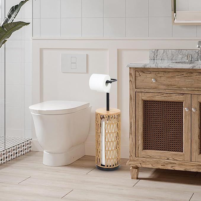 Trongee Freestanding Toilet Paper Holder with Storage,3 Rolls of Boho Toilet Paper Holder Stand with Lid,Gold Toilet Tissue Holder Stand Rattan Paper Storage Wicker Toilet Roll Holder Basket