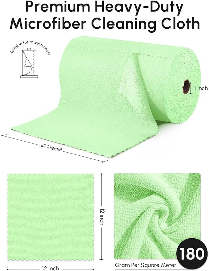 Microfiber Cleaning Cloths Roll, 75 Pack Tear Away Microfiber Towels Roll, 12" x 12" Lint Free Rags, Reusable Cleaning Cloths, Washable, Scratch Free,Ultra Absorbent Dish Rags(Green)
