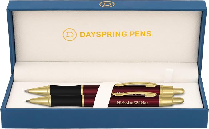 Dayspring Pens Monroe Pen and Pencil Set, Red Lacquer with Gold Trim, Custom Engraved — Graduation, Anniversary, Retirement, or Business Gift