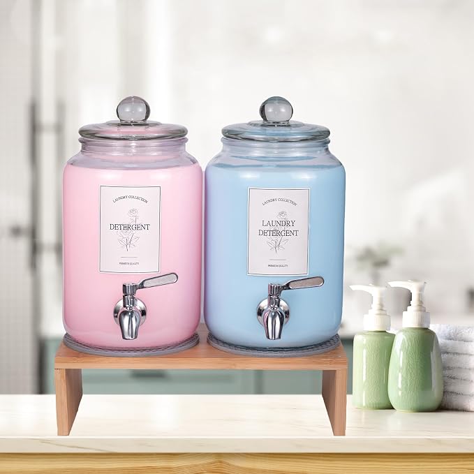2 Pack Glass Laundry Detergent Dispenser,Sturdy glass Fabric Softener Dispenser With Leak Proof Pump,Reusable Container & Bamboo Stand-108Oz Big Laundry Soap Container For Washer Room Organization (2)