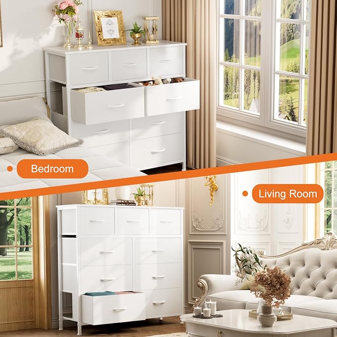 Sweetcrispy 9-Drawer Fabric Dresser Storage Tower with Wood Top and Steel Frame, Organizer Chest with Easy Pull Handles for Bedroom, Closet, Hallway,Pure White