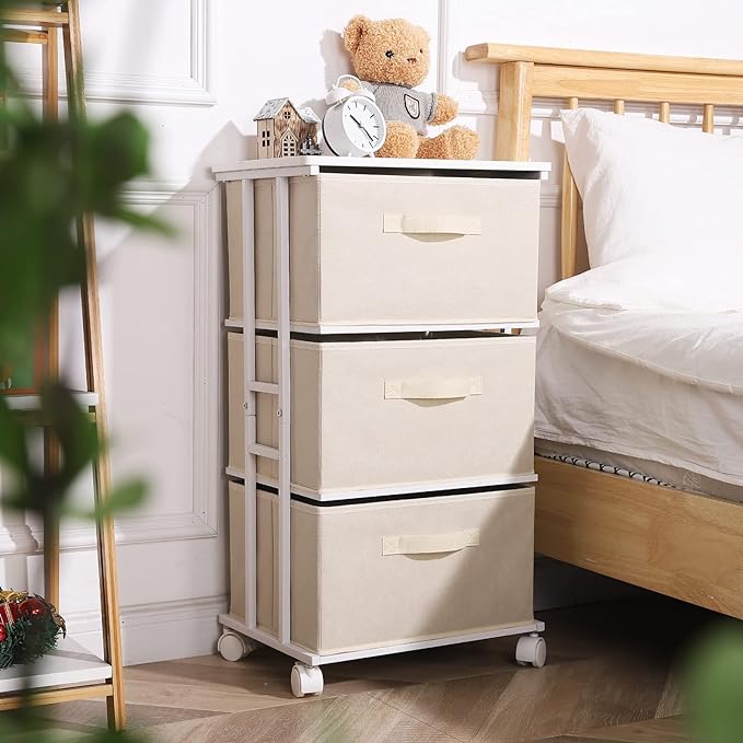MAX Houser Dresser Tower with 3 Drawers for Bedroom, Fabric Storage Organizer Unit, Chest of Drawers with with WoodTop, Small Vertical Storage for Guest Room, Closet, Entryway(Beige) | Fabric Storage Organizer Unit, Chest of Drawers with with WoodTop, ...