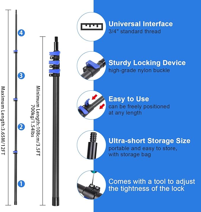 DOBEN 12-Foot Carbon Fiber Window Cleaner Tool with Telescopic Extension Pole, Rotating Scrubber & Squeegee - Sturdy Lightweight Design for Indoor/Outdoor Glass Cleaning