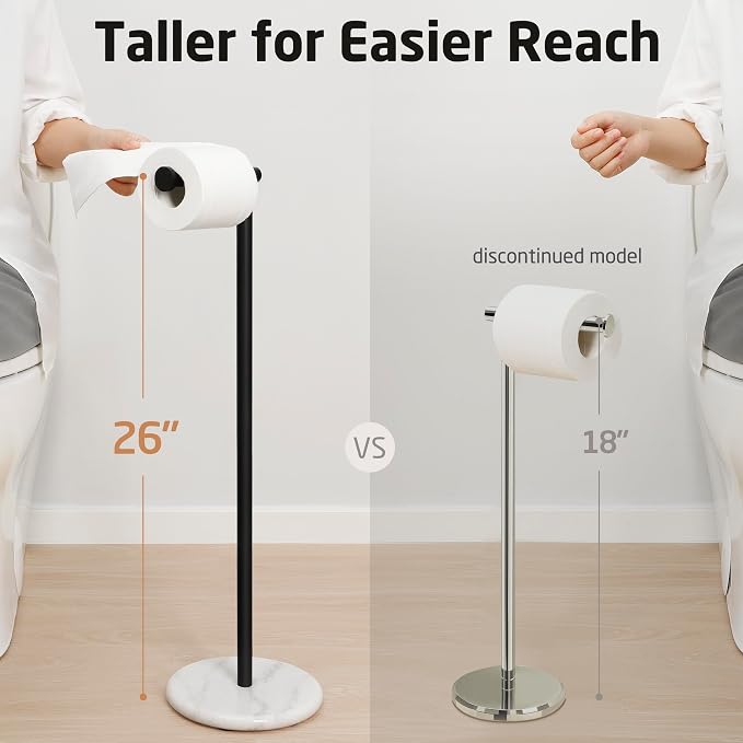 KES Extra High Black Toilet Paper Holder Freestanding 26", Toilet Paper Holder Stand with Natural Marble Base, Floor Free StandingToilet Paper Holder 18/8 Stainless Steel Matte Black, BPH284S66-BK