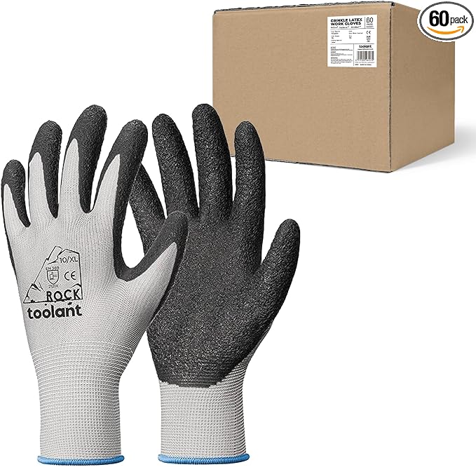 toolant Crinkle Latex Work Gloves Bulk, Rubber Coated Safety Work Gloves for Men and Women, 60 Pairs for Construction, Gardening, Warehouse (Gray, XL)