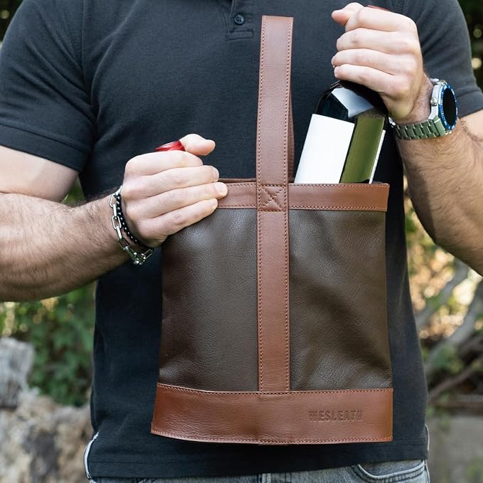 Double Wine Carrier Bag – Leather Wine Tote for Two Bottles with Handle – Protective Carrier for Picnic, Wine Champagne Gift Bag (Chocolate)