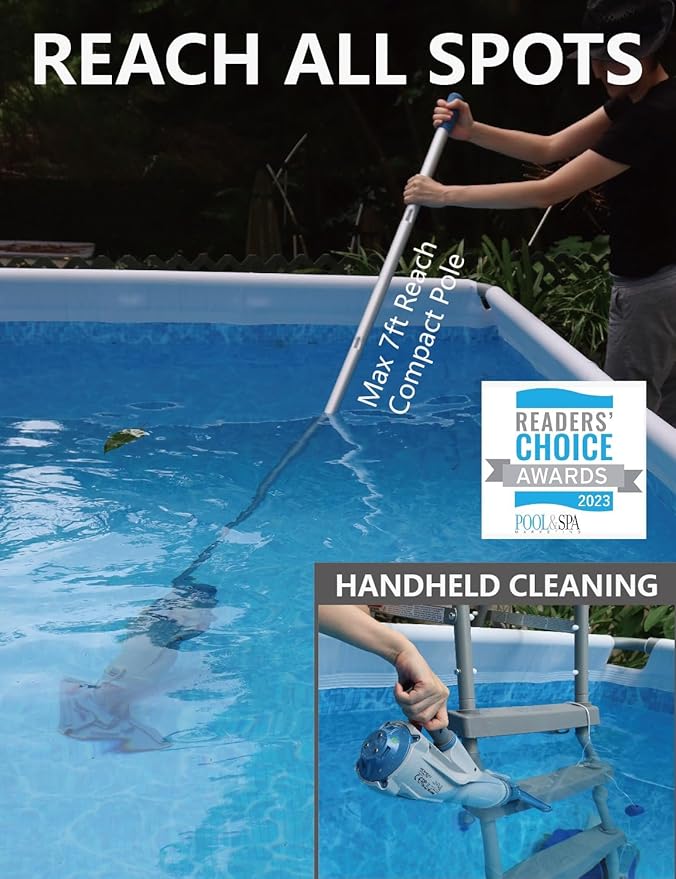 KOKIDO Rechargeable Cordless Pool Vacuum for Above Ground Pool and Pond Cleaner, 72” Aluminum Pole, Standard & Fine Filters, 2 Brush Vac Heads, Handheld Pool Cleaner Spot Clean Inground Pools XV320
