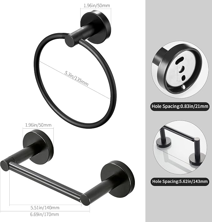 Black Toilet Paper Holder Towel Ring Matte Bathroom Accessories Set Hand Towel Holder Wall Mount Bath Hardware TP Tissue Roll Holder with Double Post Pivoting SUS304 Stainless Steel 2pc