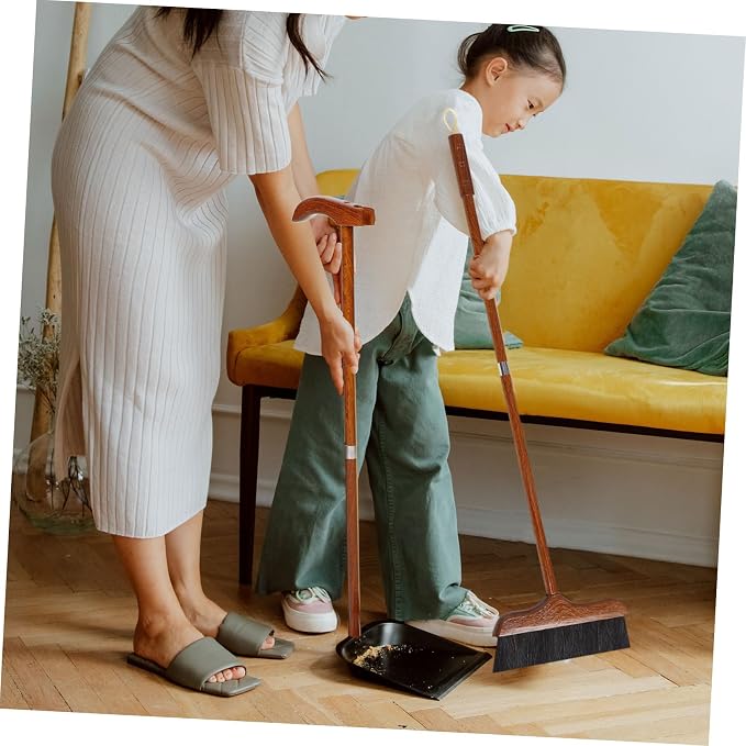 Redwood Horsehair Broom with Long Handle and Dustpan Set Cleaning for Indoor and Outdoor Use Pet Hair and Debris Collection