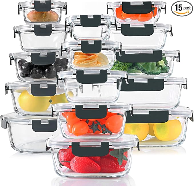 30 Pieces Glass Food Storage Containers Set with Lids, Gray | Glass Meal Prep Containers Set, Snap Locking Lids, Airtight lunch Containers for Microwave, Oven, Freezer & Dishwasher