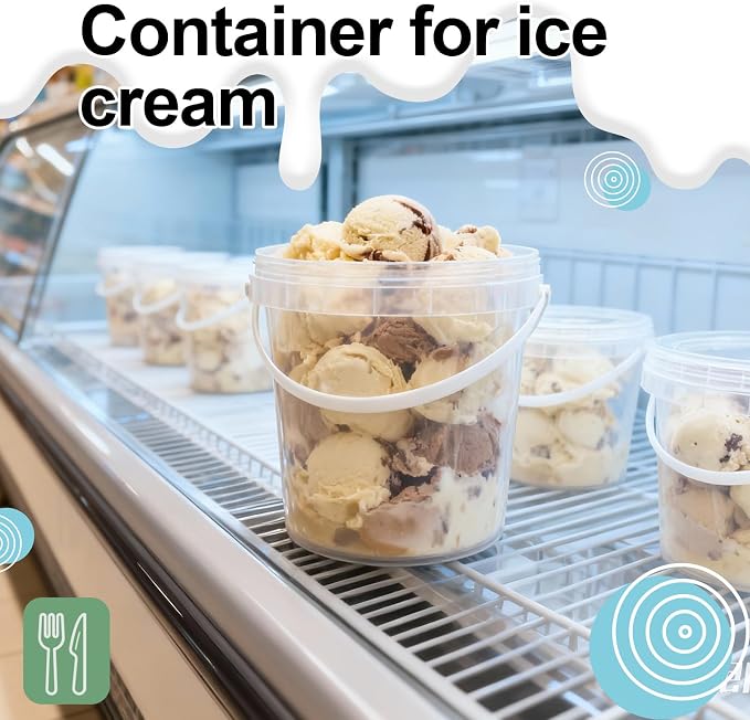 4 Pack 64oz Food Grade Plastic Buckets with Screw Lids & Handle, Reusable Storage Containers for Snacks, Salad, Sauce - Clear Freezer Safe Bucket Set