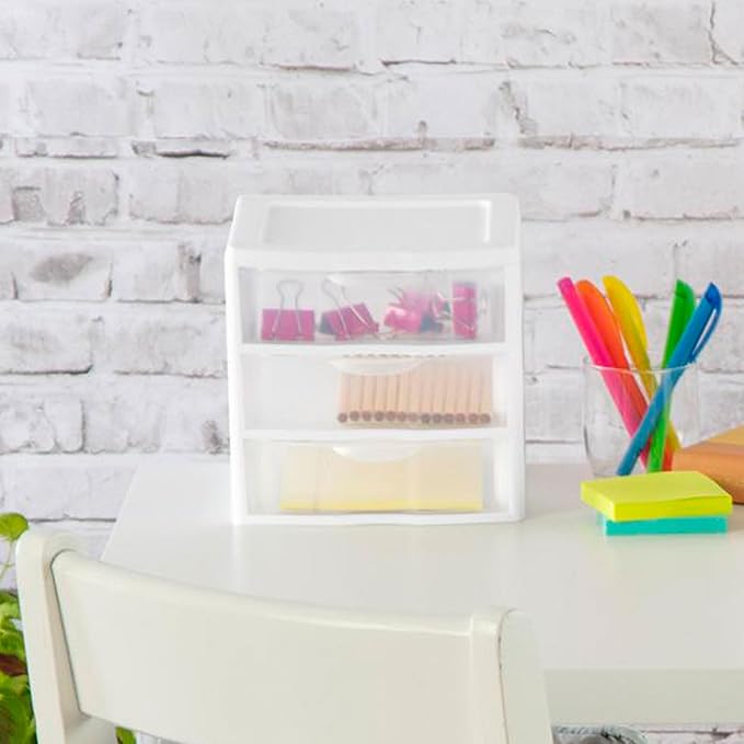 Sterilite Clearview Plastic Multipurpose Small 3 Drawer Desktop Storage Organization Unit for Home, Classrooms, or Office Spaces, White, 6 Pack