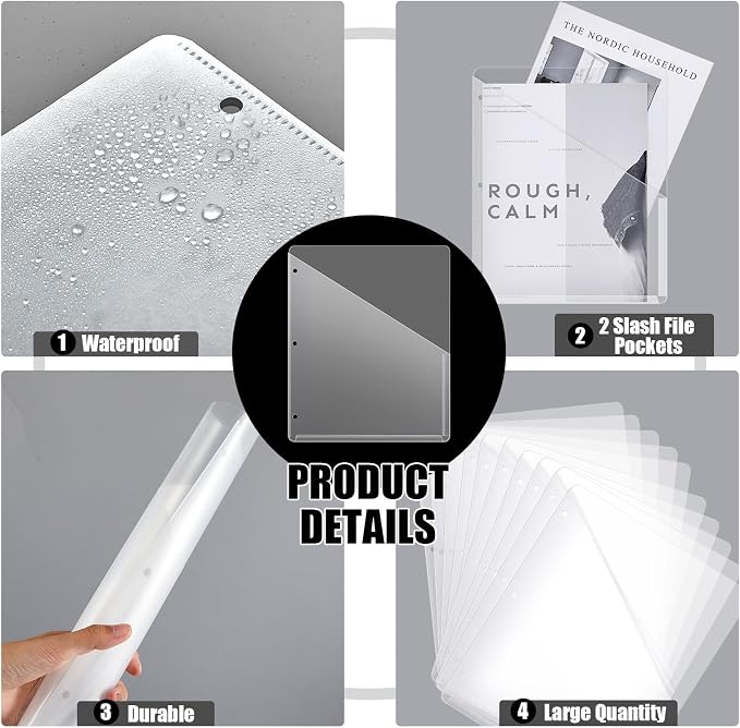 Seajan 200 Pcs Pocket Folders for 3 Ring Binder Clear Plastic Folders Sleeves with 2 Pockets 3 Hole Punch Binder Dividers Poly Slash File Jackets for Office School Document Organizer (Transparent)