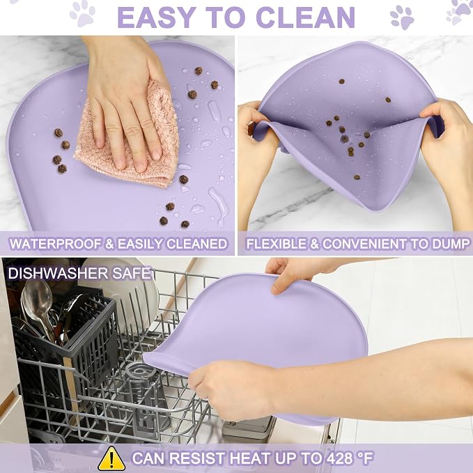 SMILOOL Waterproof Silicone Pet Food Mat with Raised Edge for Dog & Cat | 12" x 12" Non-Slip Small Pet Feeding Mats with Lip for Food & Water Bowl, Food Grade, Easy Cleaning, Light Purple