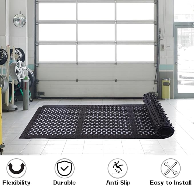 Interlocking Rubber Floor Mats 21”x21” 8 Pack - Open Grid Drainage Tiles, Non-Slip for Deck, Patio, Pool, Garage & Wet Areas