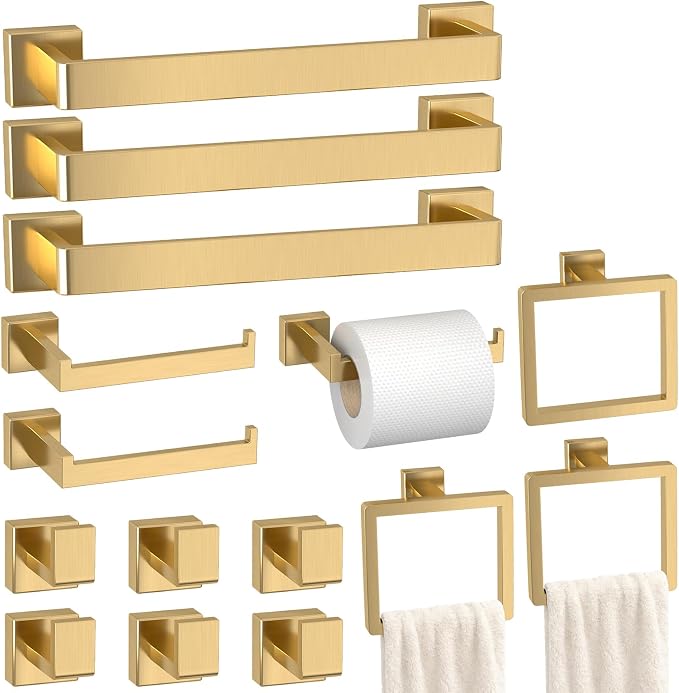 Bathroom Accessory Towel Bar Set: 15 Pieces Gold Bathroom Hardware Square SUS304 Stainless Steel - Wall Mounted Towel Rack&Toilet Paper Holder&Towel Ring and Towel Hook