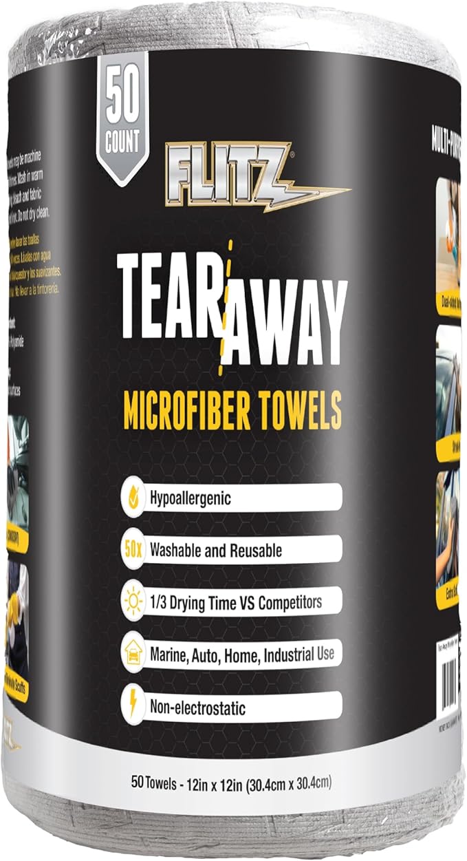 FLITZ Tear Away Microfiber Towel Roll (50 Sheets) - USA-Made 12" x 12" Cloth Paper Towels - Reusable & Washable Ultra Absorbent Cleaning Cloth Roll for Cars, Kitchens, Appliances - Grey (1 Pack)