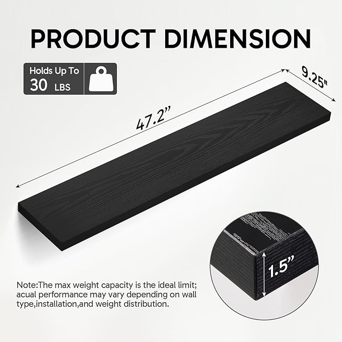 BAYKA Floating Shelves, 47.2 inches Long Heavy Duty Wall Mounted Rustic Wood Shelves for Bathroom, Bedroom, Living Room, Kitchen, Office, Hanging Shelf for Books/Storage/Decor(Black,Set of 2)