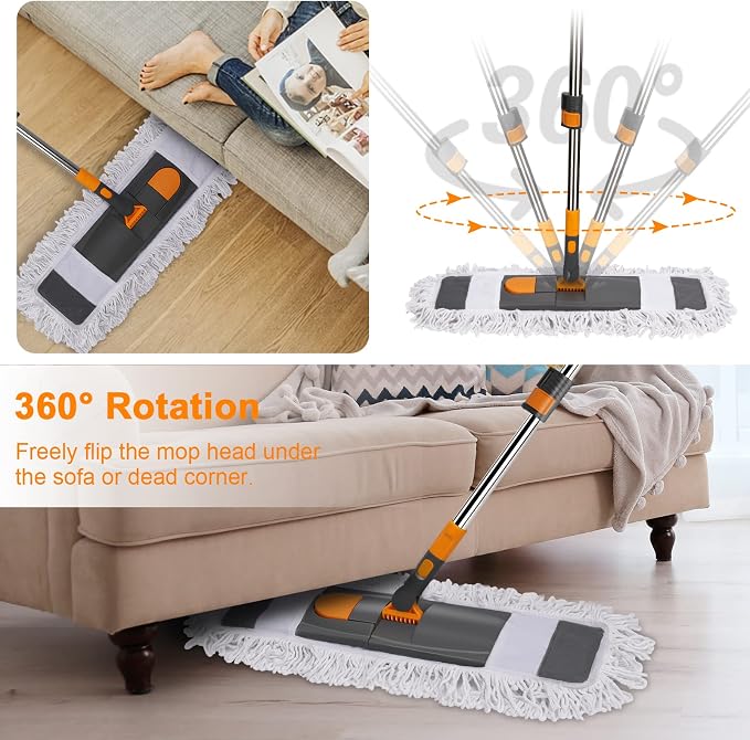 MASTERTOP Dust Mop for Floor Cleaning, Microfiber Floor Mop with 2 Washable Pads, Height Adjustable Long Handle, 26.4'' Dry and Wet Flat Mop for Hardwood, Laminate, Tile, Marble