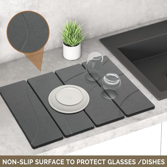 Large Stone Dish Drying Mat for Kitchen Counter, 2 PCS Quick Dry Stone Mats, Foldable Water Absorbing Diatomaceous Earth Drying Dishes Pad for Countertop Bottle Utensil Cup(Carved Gray 24"x16"&8"x4")