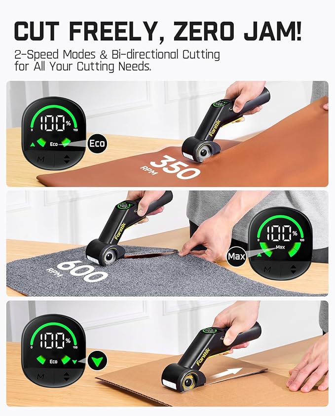 Fanttik C10 Pro BowGuide Electric Cardboard Cutter, Cordless Scissors with LED Display, 2-Speed Adjustable, Rechargeable Powerful Rotary Box Cutter with 2 Blades for Fabric, Carpet, Leather, Cardboard