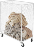 Laundry Hamper with Wheels, Rolling Laundry Basket Cart, Rectangular Metal Mesh Clothes Hamper with Metal Pull Handle for Laundry Room and Bedroom, White, 16.9" x 9" x 17.7"