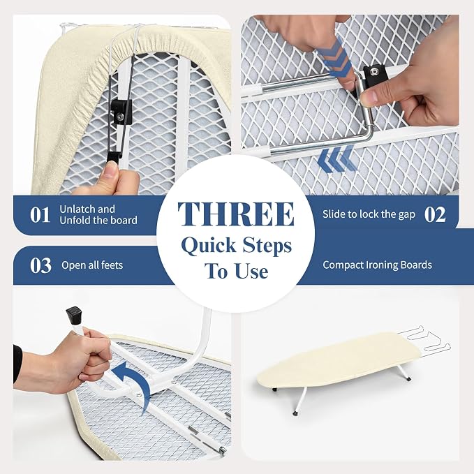 Mini Ironing Board with Iron Rest 32"x12" Ivory | BlissBoard Small Foldable Tabletop Compact Iron Table, Heat Resistant Cover for Dorms, Apartment and Travel