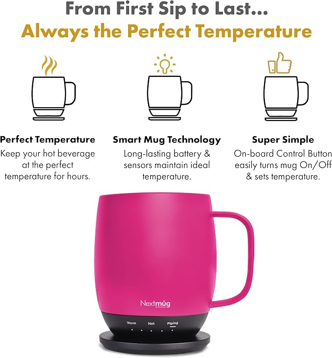 Nextmug - Temperature-Controlled, Self-Heating Coffee Mug (True Pink - 14 oz.)