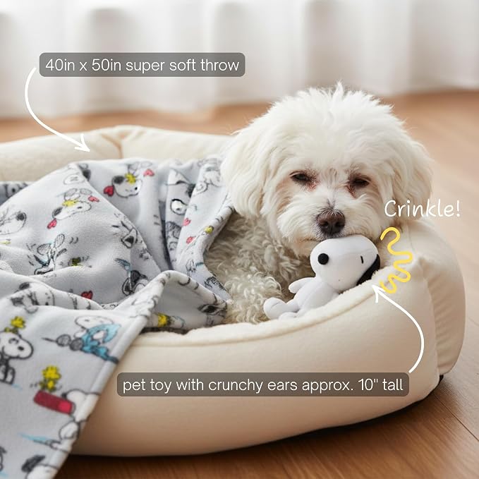 Peanuts Snoopy Pet Throw & Squeaky Pillow Set, Stimulating Toy As Gifts for Puppies, Cats, Dogs, (Officially Licensed) By Franco