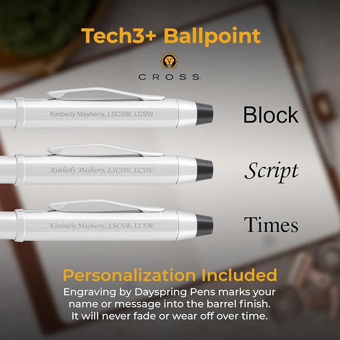 Cross Tech3+ Multifunction Pen, Lustrous Chrome, Personalized Laser Engraving, Black and Red Ballpoint, 0.5mm Pencil, Stylus, Eraser, Cross Gift Box