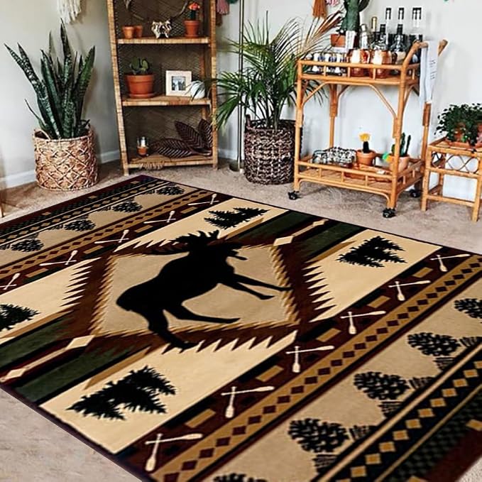 Village Native Cabin Style Area Rugs for Bedroom Non-Slip Retro Moose Deerlet Rugs Balcony Decor Bohemian Moroccan Deer Carpet Floor Mat 5'x7'