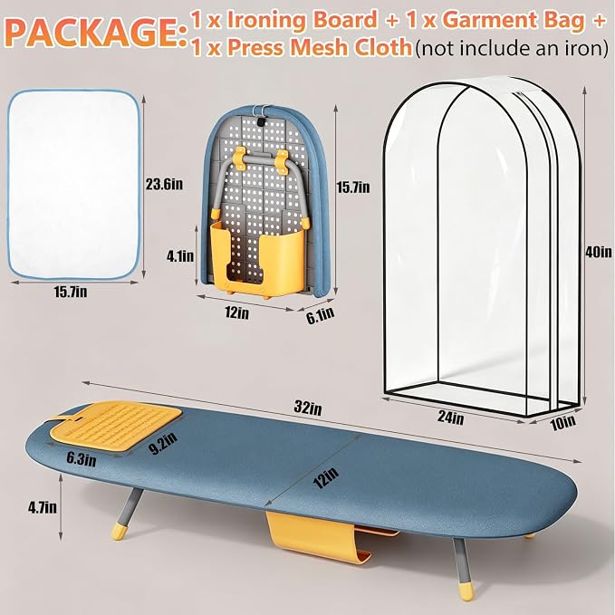 Small Ironing Board with Iron Holder, Tabletop Ironing Board with Iron Rest Pad, Compact Foldable Iron Board for Travel Home with Protective Press Cloth Sapce Saving (Blue)
