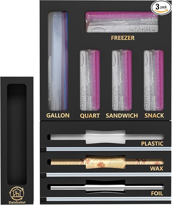DALSHABET 9 IN1 Bamboo Storage Bag Drawer Organizer with Cutter, Foil and Plastic Wrap Dispenser for Kitchen Storage Compatible with All Brands Gallon, Quart, Sandwich & Snack Size Bags - Black