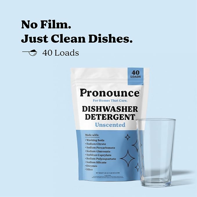 Pronounce Dishwasher Detergent - Cleaner Ingredients, Fragrance Free - Ultra Concentrated Dish Soap, Cuts Grease and Grime, Dishwasher Pods Alternative. (40 Loads, Unscented)