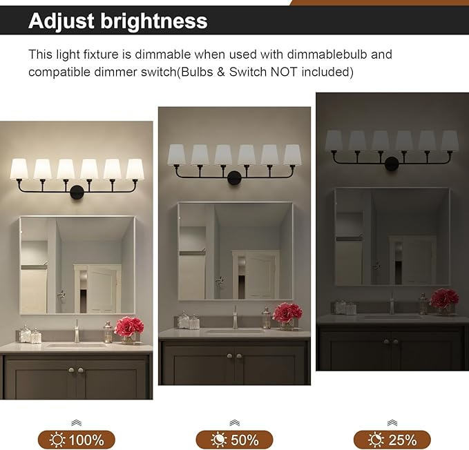 Bathroom Vanity Light, Matte Black Bathroom Light Fixtures, 6-Light Lighting Fixtures Over Mirror, Modern Wall Sconce with Flared White Fabric Shade, E26 Socket(ETL Listed)